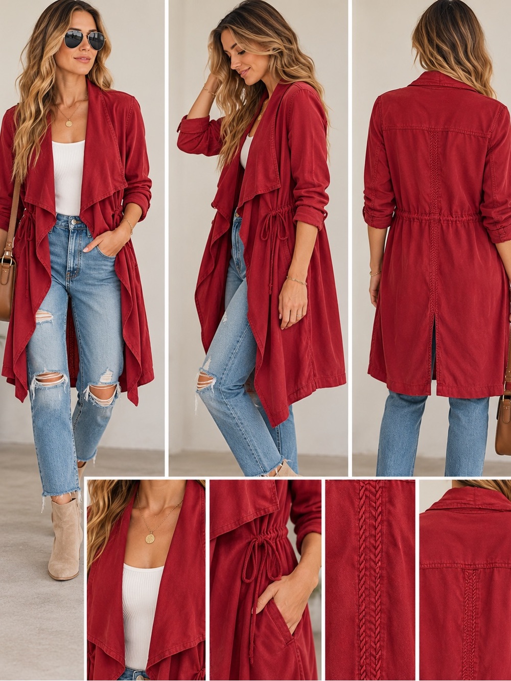 MAX Jeans Tencel Waterfall Drape Front Long Utility Duster Jacket Red XS